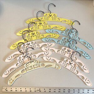 10 VTG Baby Clothes Hangers Blue Yellow Pink Plastic Metal Swivel Lambs Babyking